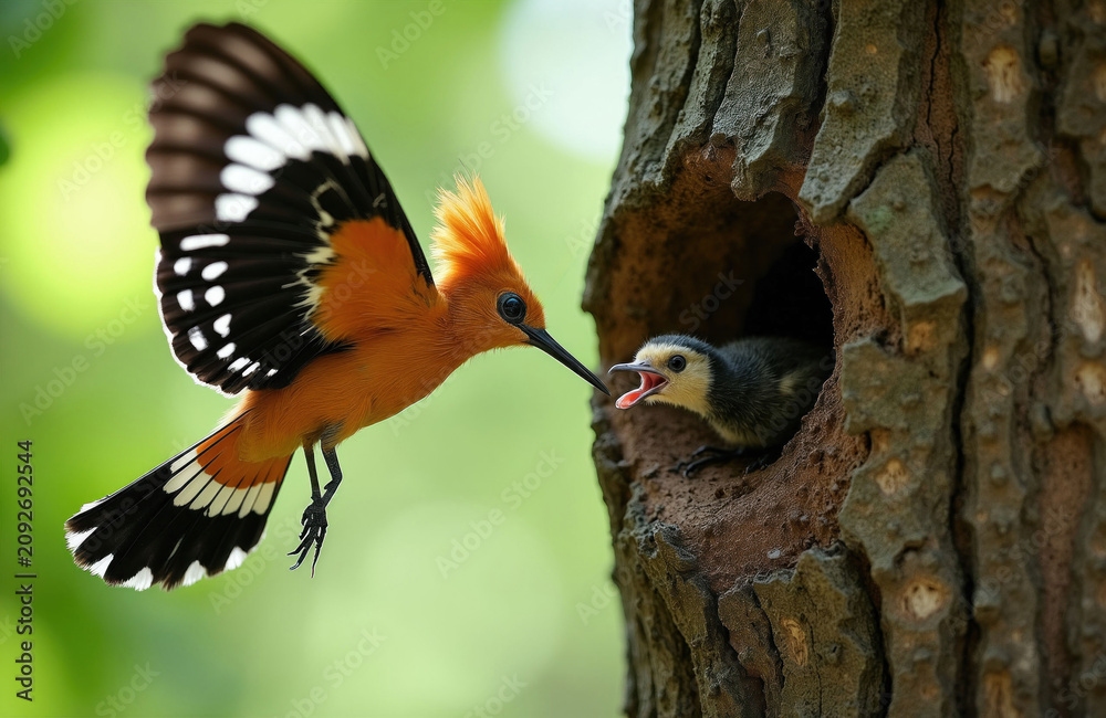 Fototapeta premium Parent hoopoe bird feeds hungry chick in tree hollow nest. Adult hoopo brings food to young bird in its nest hole. Wildlife scene of bird family caring in forest.