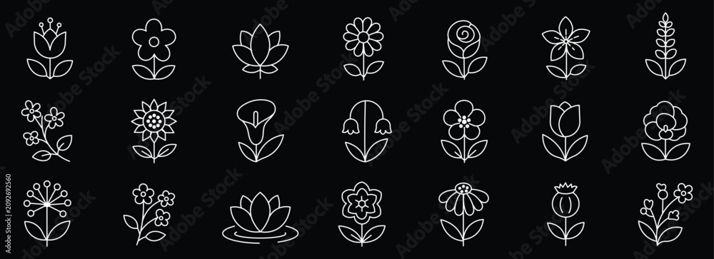 ©   - Flowers line icon set. editable outline symbols tulip, rose, lotus, daisy and floral designs icon collection. vector illustration