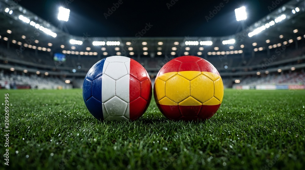 Obraz premium Two Soccer Balls with Flags of France and Spain on Green Grass of Stadium Pitch Before Match