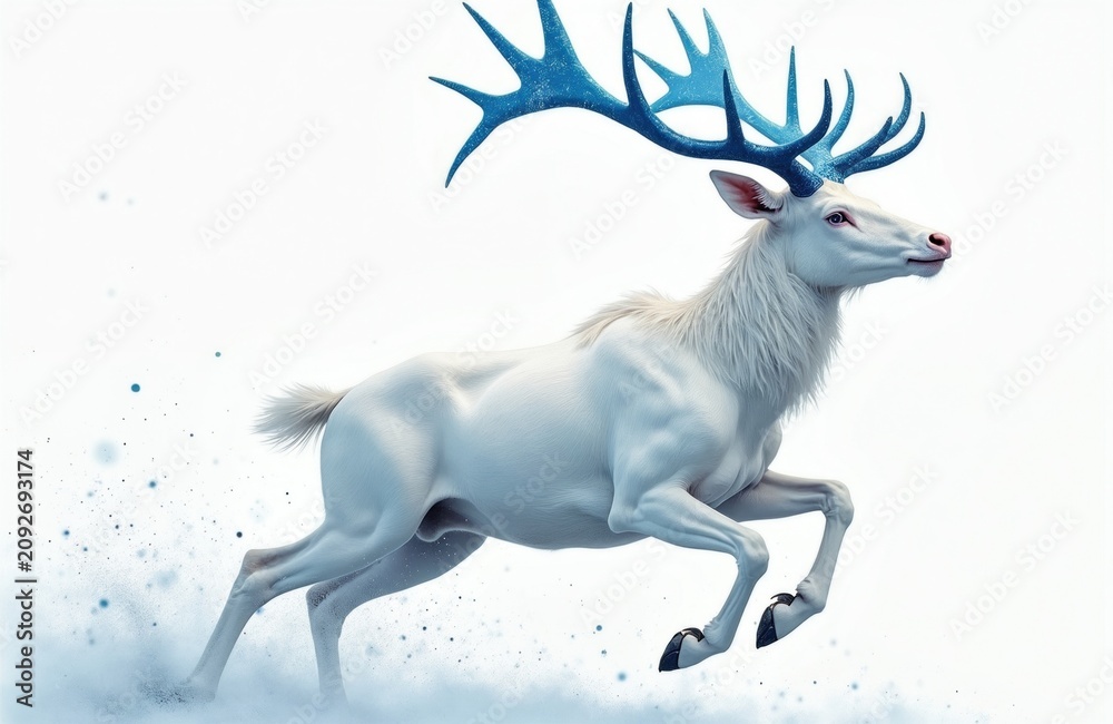 Fototapeta premium White stag with blue antlers leaps through snowy mist. Majestic cervid moves gracefully across white background. Magical creature gallops in winter wonderland, ethereal spirit animal.