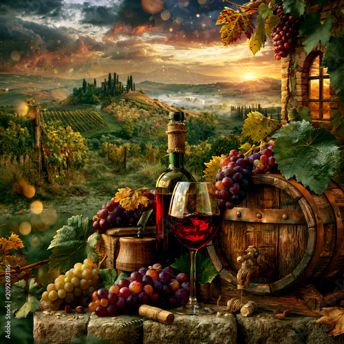 dreamy tuscany winery at sunset, rustic italian vineyard with wine, romantic tuscany wine harvest scene
