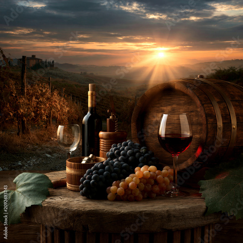 dreamy tuscany winery at sunset, rustic italian vineyard with wine, romantic tuscany wine harvest scene