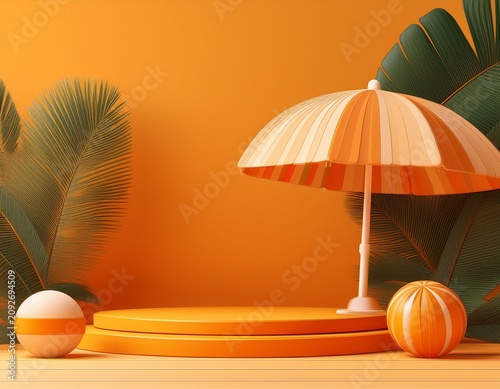 summer flash sale orange podium display beach umbrella coconut leaf beach bed beach ball on island beach poster flyer design on orange background