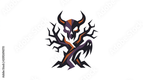 Φωτογραφία Scary Halloween Tree Monster with Skull Head and Horns.