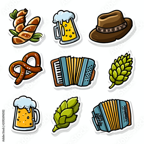 A vibrant collection of Bavarian Oktoberfest stickers showing beer mugs pretzels accordion and hops with a warm festive feel