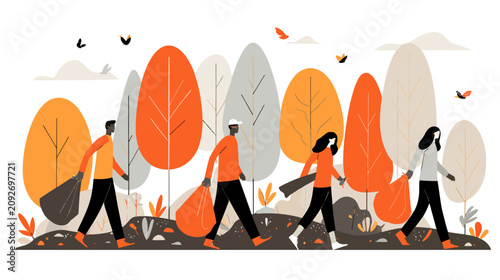 Group of diverse people walking through a vibrant autumn park collecting trash feeling a sense of community and environmental responsibility