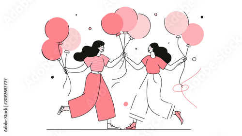Two happy women celebrating together with pink balloons feeling joyful and light against a clean white background
