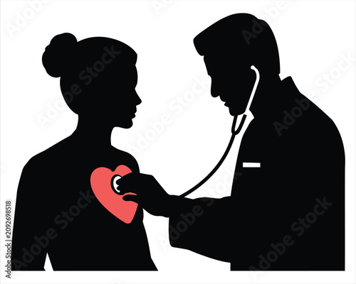 Εκτύπωση καμβά Silhouette of a doctor using a stethoscope to examine a patients heart isolated