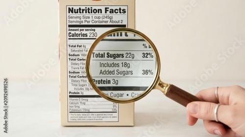 Close up nutrition facts label with magnifying glass highlighting total and added sugars for packaging inspection and health awareness background