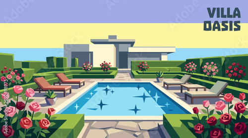 Quadro su tela Elegant villa poolside surrounded by blooming roses, luxury outdoor furniture, m