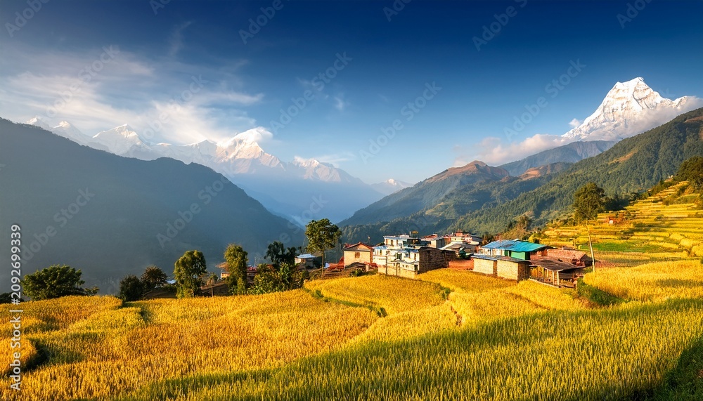Obraz premium exotic summer view of nepalrs village picturesque morning scene of farmland in nepal asia beauty of countryside concept background
