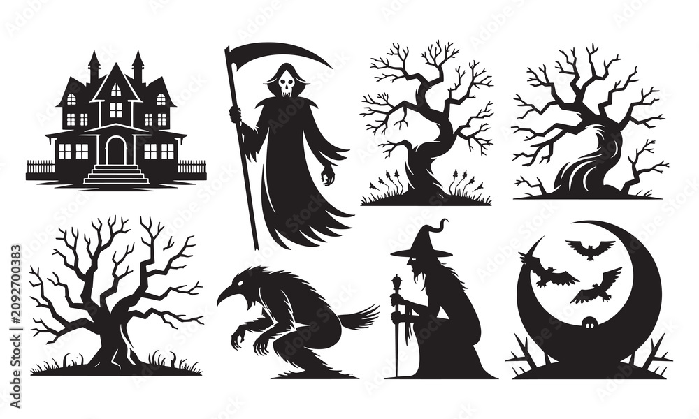 Fototapeta premium Collection of halloween silhouettes including a haunted house, grim reaper with scythe, bare trees, werewolf, witch, and a crescent moon with bats isolated on a white background