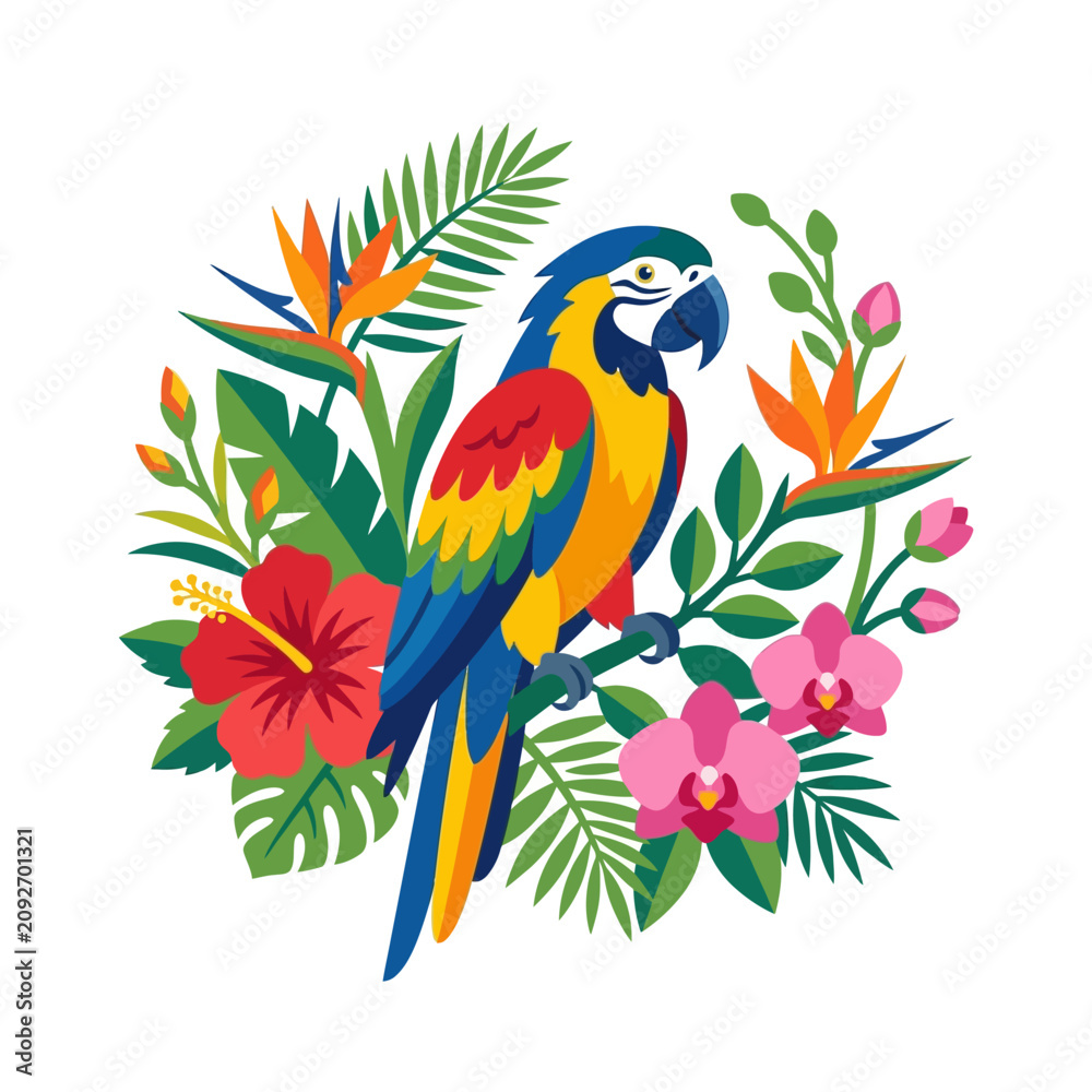 Obraz premium Vibrant Macaw Parrot Tropical Flower Arrangement.