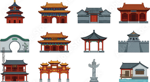 Billede på lærred Traditional Chinese Architecture Icon Set Featuring Temple Pagodas, Palaces, Imp