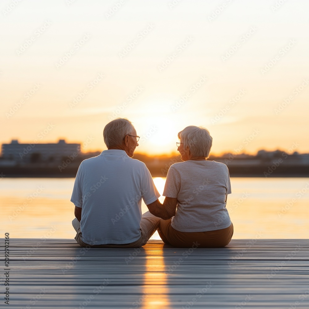 Fototapeta premium Back view of a senior couple sitting on a wooden pier, enjoying a peaceful golden hour sunset over the water, embodying enduring love and companionship, serenity, retirement