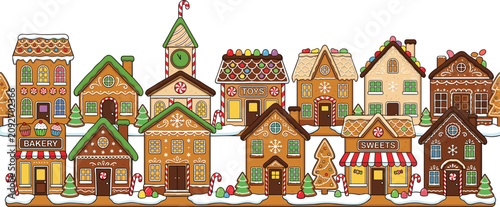 Foto Christmas Gingerbread Village Vector Border Set with Sweet Bakery, Clock Tower,