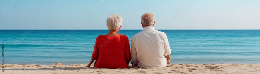 Fototapeta premium Elderly couple in red and white clothes sitting on sand, back view against calm blue sea, minimalist composition capturing serene retirement,Aging, Peace