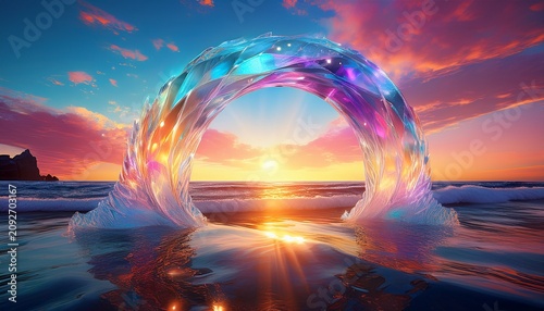 Fantasy Crystal Arch Over Ocean Waves In A Magical Coastal Sunset