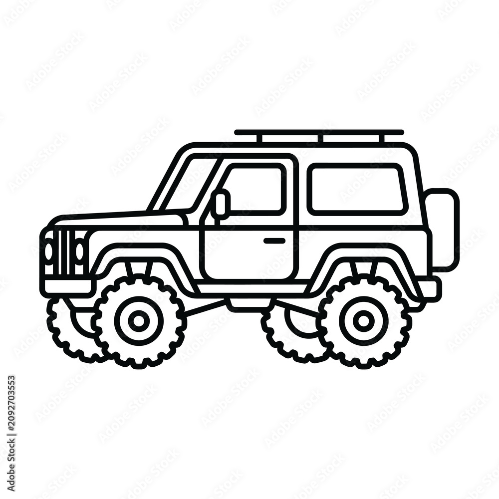 Obraz premium Black and white line art illustration of a rugged off-road SUV vehicle.