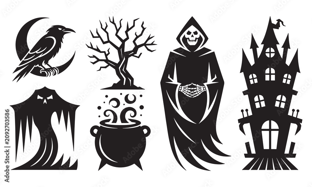Fototapeta premium Set of halloween black silhouette including a raven on a crescent moon, a bare spooky tree, a grim reaper, a steaming witch cauldron, and a haunted mansion house on white background