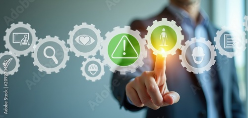Businessperson touches gear icons showing safety check risk analysis employee wellness, compliance. Person manages operational excellence safety standards, workplace protection. Workflow safety