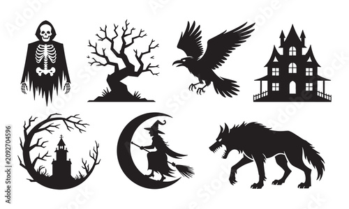 Tableau sur toile Set of spooky halloween silhouettes including a skeleton in a hooded cloak, a gn
