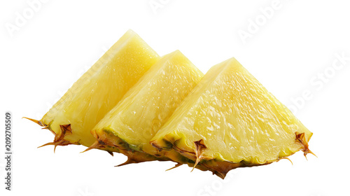 Obraz na płótnie Three juicy pineapple slices with spiky green and brown rind, isolated on transp