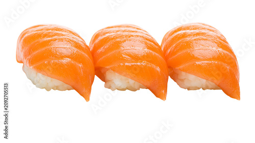 Three fresh salmon nigiri sushi pieces, isolated on transparent background
