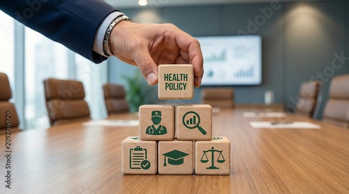 A hand placing a block with health policy on top of stacked blocks with medical and legal symbols in a conference room