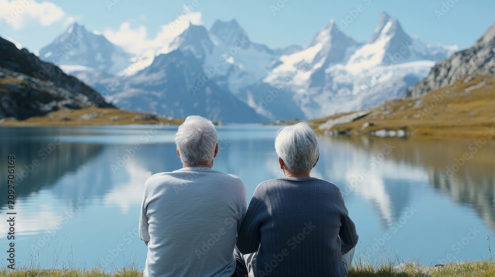 Fototapeta premium Rear view of an elderly couple sitting together, enjoying a serene mountain lake vista with snow-capped peaks in the background, retirement, nature, serenity