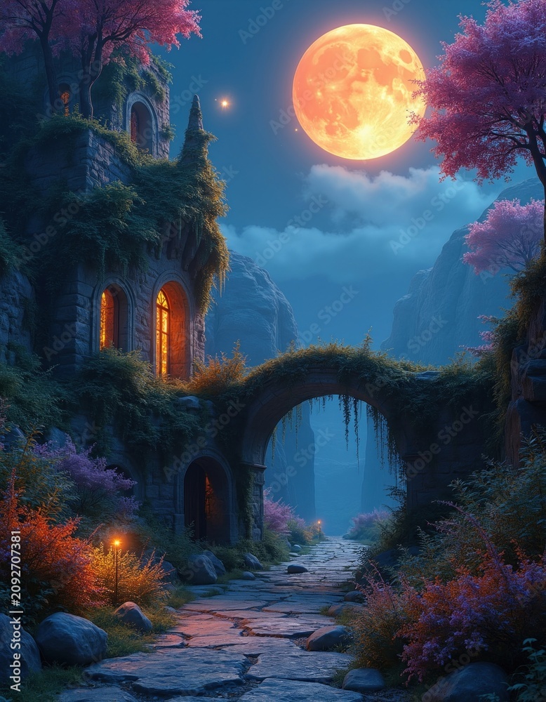 Obraz premium Stone castle path arches over mystical landscape with bright moon. Fantasy overgrown ruins glow with warm light. Enchanted forest scenery invites journey.