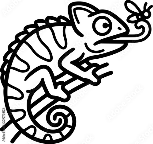 Schilderij op canvas Chameleon catching a fly with its tongue, line art illustration