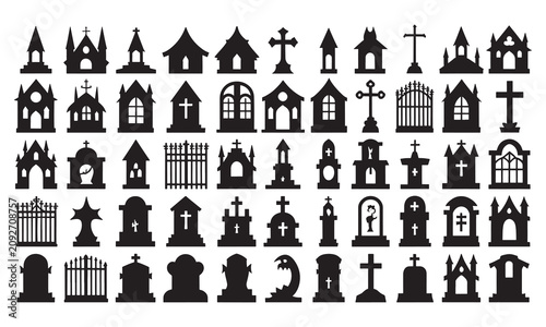 Extensive set of black silhouette depicting various gravestones, tombstones, church buildings, crosses, and cemetery gates isolated on a white background, for funeral themes