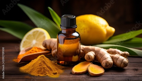 Ginger Essential Oil Bottle Surrounded By Turmeric Lemon And Lemongrass On Dark Rustic Wood In A Macro Shot For Holistic Wellness Branding
