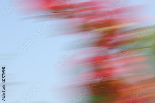 Abstract motion blur background of red flowers and green leaves, intentional camera movement panning effect creating a dynamic natural texture with copy space.