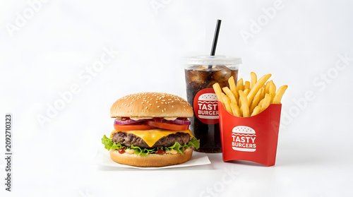 Classic Burger Combo: A delicious, juicy burger with all the fixings, accompanied by a serving of golden fries and a refreshing beverage, presented on a clean backdrop for a classic fast-food appeal.