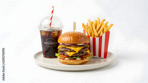 Juicy Cheeseburger Meal Deal: A classic double cheeseburger, piled high with fresh toppings and melted cheddar, served with a side of crispy golden fries and a refreshing cold drink in a to-go cup.