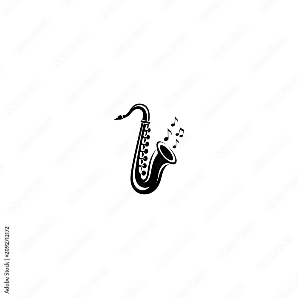 Fototapeta premium Stylized black silhouette of a saxophone with musical notes floating around it saxophone instrument performance silhouette isolated entertainmen