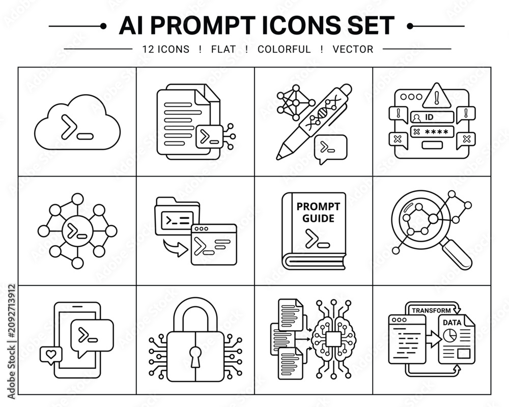 Fototapeta premium AI Prompt Outline Icons Set – Prompt Engineering, Artificial Intelligence Workflow, Chatbot, Editable Line Vector Icon Collection