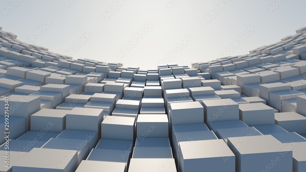 Fototapeta premium Abstract 3D render of a waving landscape made of repeating white geometric cubes with clean shadows. Ideal for crypto, tech, and data science backgrounds