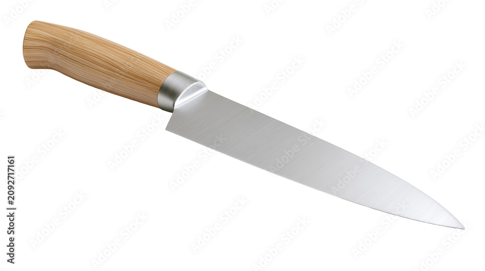 Fototapeta premium Sharp stainless steel kitchen knife with bamboo handle, isolated on transparent background