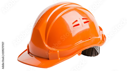 Bright orange construction hard hat with ventilation slots, isolated on transparent background