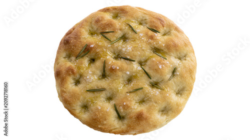 Foto Round focaccia bread with rosemary and coarse salt, isolated on transparent back