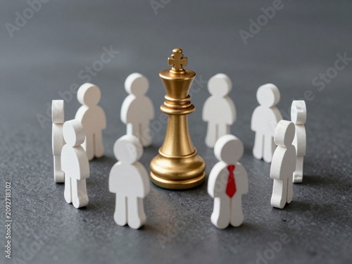 Golden King Chess Piece Surrounded by People Figures