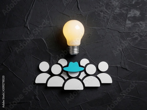 Group of People with Leader and Glowing Light Bulb