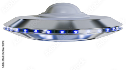 Obraz na plátně Shiny metallic flying saucer with blue lights, isolated on transparent backgroun