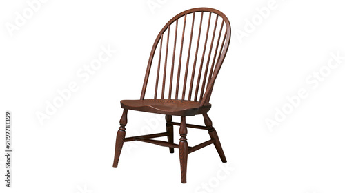 Classic wooden Windsor chair with curved spindle back, isolated on transparent background