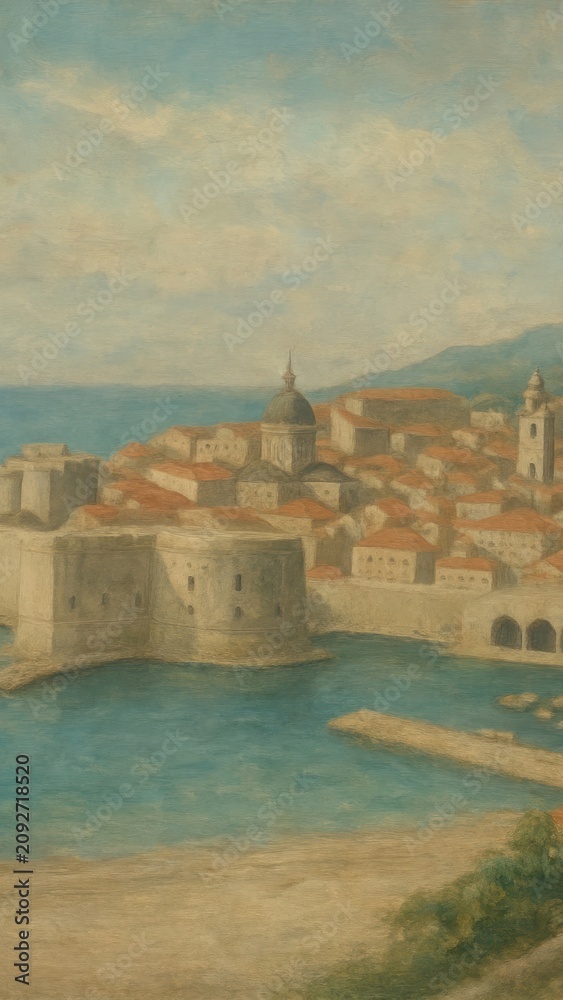 Naklejka premium Serene coastal townscape painting mobile wallpaper