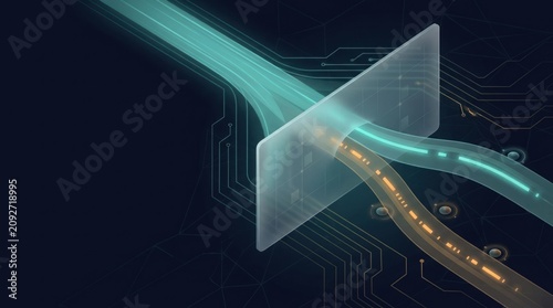 Abstract teal and amber digital flow split through translucent control layer for risk monitoring technology background with left copy space