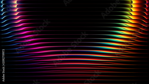 Abstract neon circle through vertical ribbed glass forming colorful geometric bright spectrum gradients, optical distortion, layered circular shape for creative futuristic digital project. 3d render